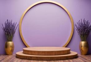 AI generated 3D Wooden Podium with Lavender color Background for Calming Product Display photo