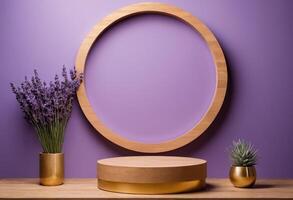 AI generated 3D Wooden Podium with Lavender color Background for Calming Product Display photo
