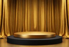 AI generated 3d Gold podium background and gold fabric curtain with luxury background photo