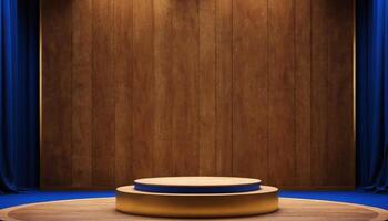 AI generated Royal Blue background with a wooden podium. Luxury Podium photo