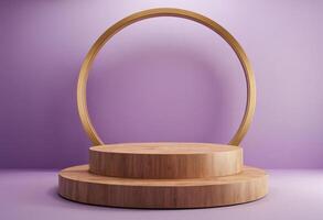 AI generated 3D Wooden Podium with Lavender color Background for Calming Product Display photo