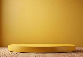 AI generated Wooden cut podium on yellow room background photo