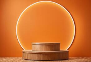 AI generated Orange colored background with wooden podium. Product display. Empty wooden showcase, stand, platform photo