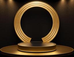 AI generated Empty gold podium with gold ring on background. 3d render. Dark abstract luxury Background photo