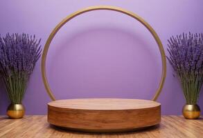 AI generated 3D Wooden Podium with Lavender color Background for Calming Product Display photo