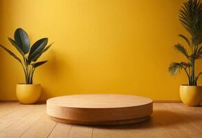 AI generated Wooden cut podium on yellow room background photo