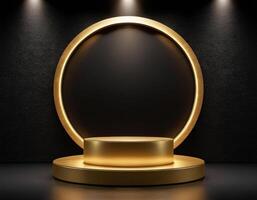 AI generated Empty gold podium with gold ring on background. 3d render. Dark abstract luxury Background photo