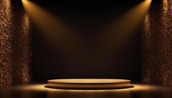 AI generated Empty gold podium with gold ring on background. 3d render. Dark abstract luxury Background photo