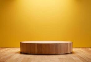 AI generated Wooden cut podium on yellow room background photo