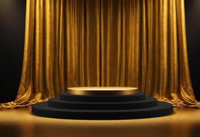 ai generado 3d oro podio antecedentes y oro tela cortina con lujo antecedentes foto