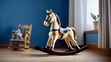 AI Generated wooden rocking horse, children's toy stands in a lonely children's room photo