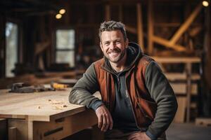 AI Generated Young smiling man carpenter joiner sitting near empty wooden table in his workshop photo