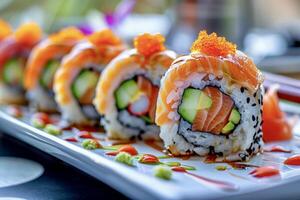 AI Generated sushi on a white plate, colorful sushi rolls, cucumber, avocado, salmon, close up photo