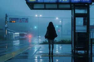 AI Generated A photo of silhouette of a girl standing at a bus stop in the rain at night, Loneliness concept