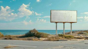 AI Generated Blank horizontal billboard on blue sky and ocean background near empty road photo