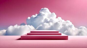 ai generado vacío podio para publicidad rosado color en antecedentes blanco nubes y rosado sólido antecedentes foto