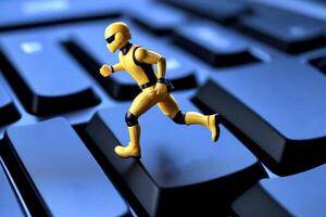 AI Generated Little toy yellow man running on keyboard keys, crop view photo