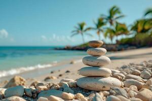 AI Generated clean smooth smooth stones are stacked on top of each other on the shore against the background of the ocean and palm trees photo