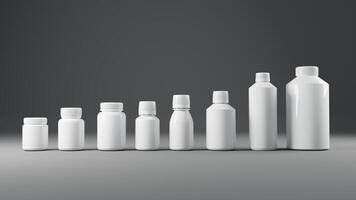 Blank white medicine bottles on grey background 3D Rendering photo