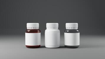 3d render of medical bottles with blank labels on grey background photo