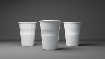 3d representación de un grupo de blanco el plastico tazas en un gris antecedentes foto