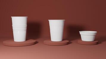 3d render of a group of white plastic cups on a brown background photo