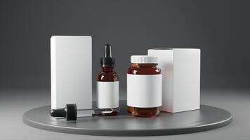 3d render of medicine bottles with blank label on grey background photo