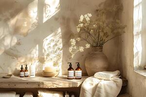 AI generated Warm sunlight filters through a rustic spa setting, highlighting organic skincare products and a serene photo