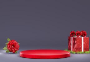 Modern Product Display Podium With rose. red background with roses and leaves .3d Rendering photo