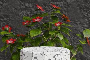 Marble circle podium and red flowers on a gray background photo