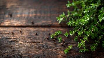 AI generated Fresh medicinal plants thyme on a wooden table photo