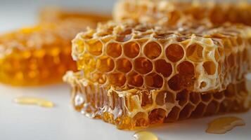 AI generated A close-up of a fresh honeycomb on a white background photo