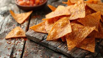 ai generado Fresco sabroso comida nachos en un de madera mesa cerca arriba ver foto