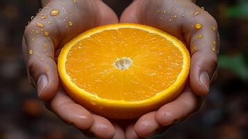 AI generated Two hands holding fresh tasty slice of orange fruit photo