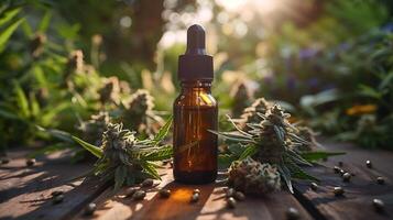 AI generated Hemp oil glass bottle on a wooden table with hemp plant photo