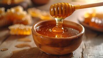 AI generated Pure honey in a bowl on a wooden table photo