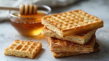 AI generated Fresh honey with toast biscuit on a white background photo