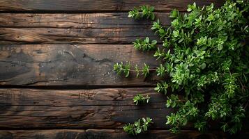 ai generado Fresco medicinal plantas tomillo en un de madera mesa foto