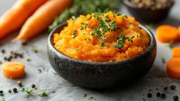 AI generated Carrots mashed in a bowl on a white background photo