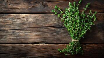 AI generated Fresh medicinal plants thyme on a wooden table photo