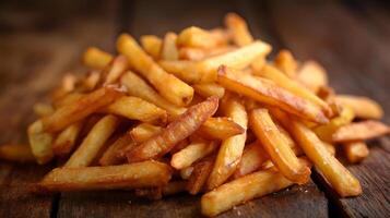 ai generado delicioso francés papas fritas en un de madera mesa foto