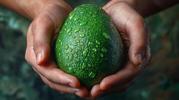 AI generated Holding fresh organic avocado fruit photo