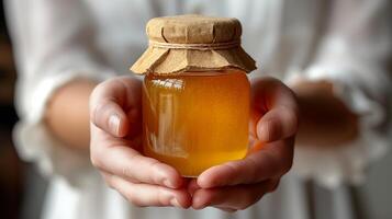 AI generated Holding fresh organic honey jar on a white background photo