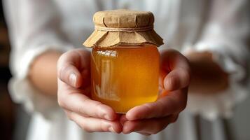 AI generated Holding fresh organic honey jar on a white background photo