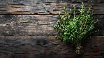 ai generado Fresco medicinal plantas tomillo en un de madera mesa foto