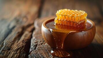 AI generated Pure honey in a bowl on a wooden table photo