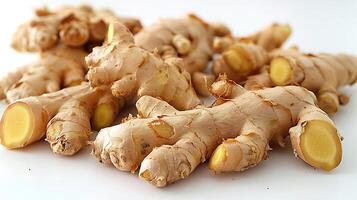 AI generated Fresh ginger on a white background photo