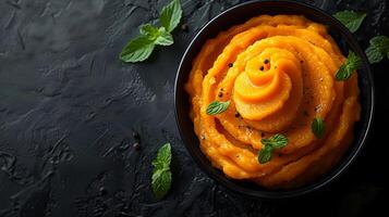 AI generated Carrots mashed in a bowl on a black background photo