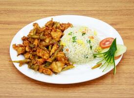 pollo chile seco con frito arroz y ensalada servido en un plato aislado en gris antecedentes lado ver de indio, pakistaní comida foto