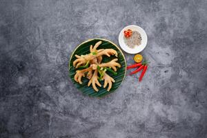 Steamed Chicken Feet with spring onion, garlic and fish sauce served in bowl isolated on dark grey background top view of japanese food photo